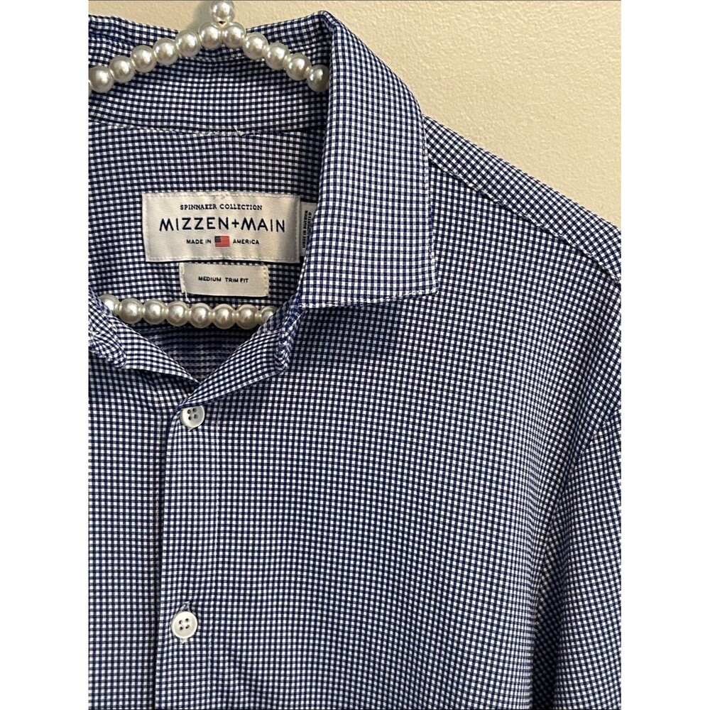 Mizzen+Main Spinnaker Blue Gingham Performance Dress Shirt Medium Trim Fit